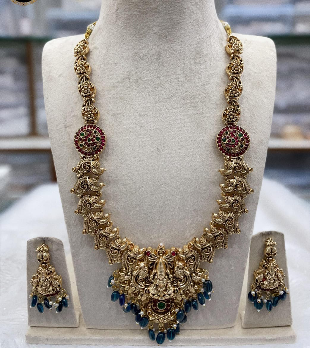 Trendy Matte Finish Lakshmi design Temple Jewelry Necklace Set with Earrings- pink