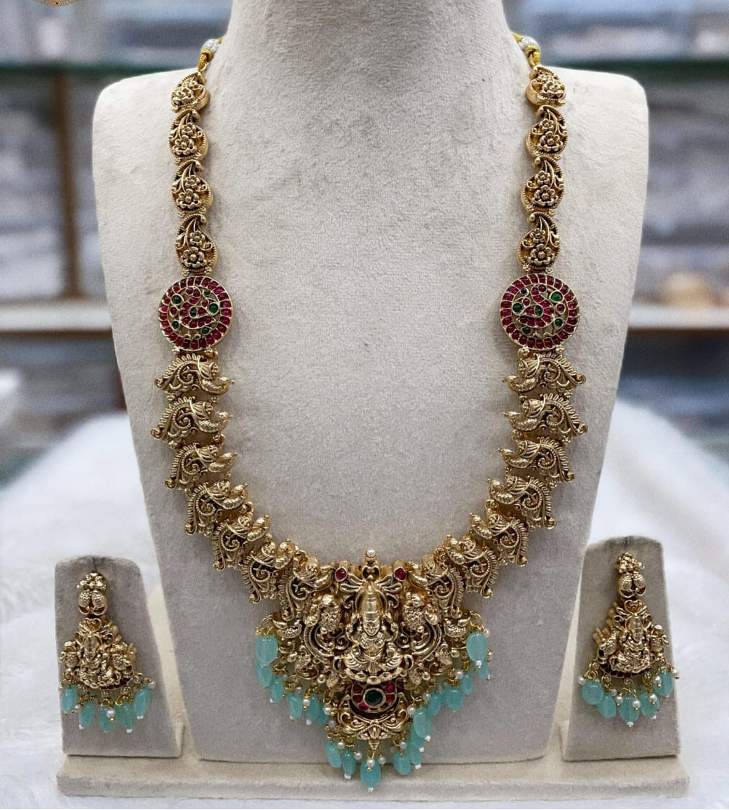 Trendy Matte Finish Lakshmi design Temple Jewelry Necklace Set with Earrings- pink