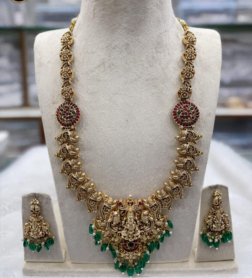 Trendy Matte Finish Lakshmi design Temple Jewelry Necklace Set with Earrings- pink