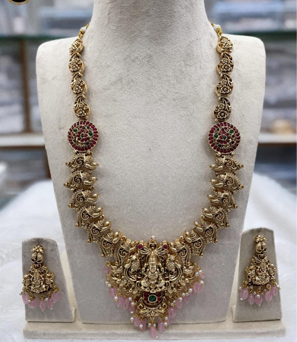 Trendy Matte Finish Lakshmi design Temple Jewelry Necklace Set with Earrings- Pink