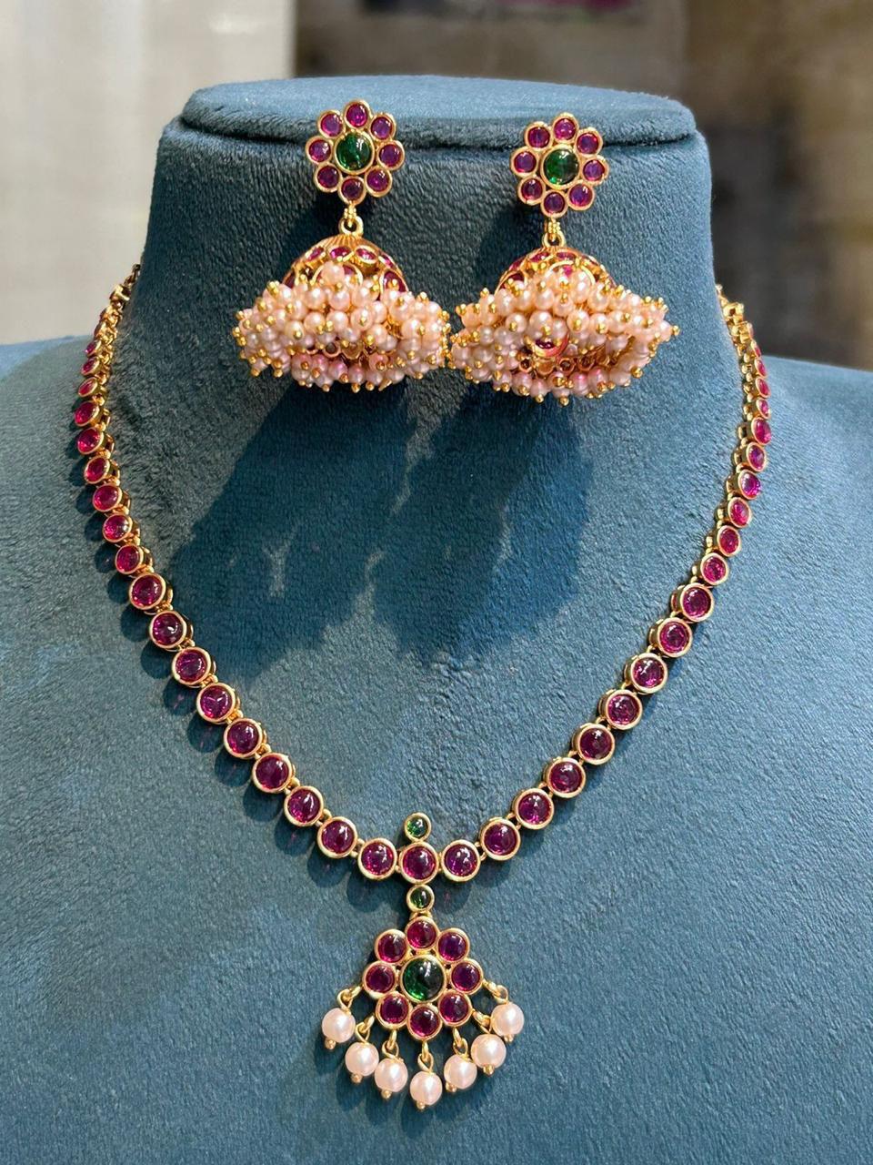 Trendy Matte Kemp Stone  Necklace Set With Jhumka Earrings