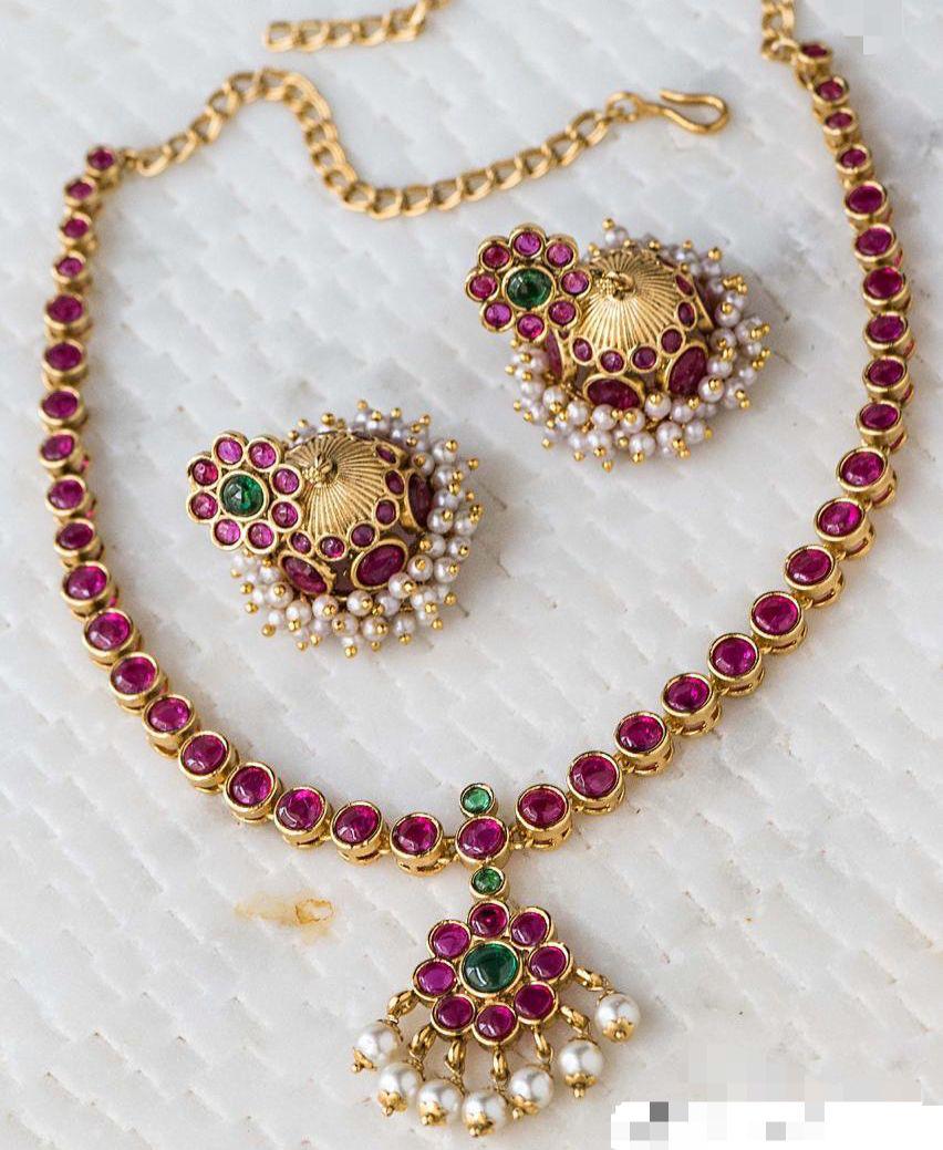 Trendy Matte Kemp Stone  Necklace Set With Jhumka Earrings