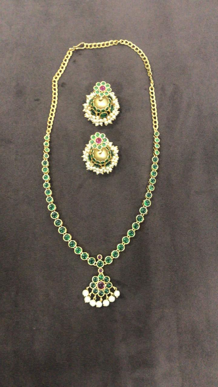 Trendy Matte Kemp Stone  Necklace Set With Jhumka Earrings