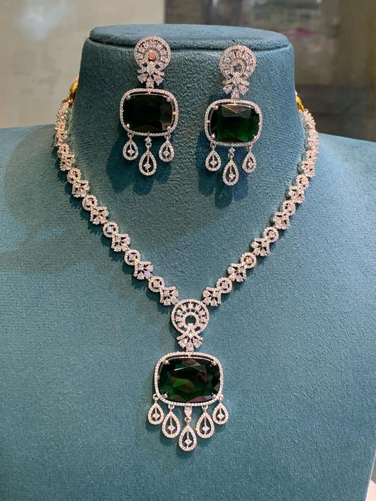 Trendy Minimalist Cz Stone Necklace With Earrings - Premium Silver Polish