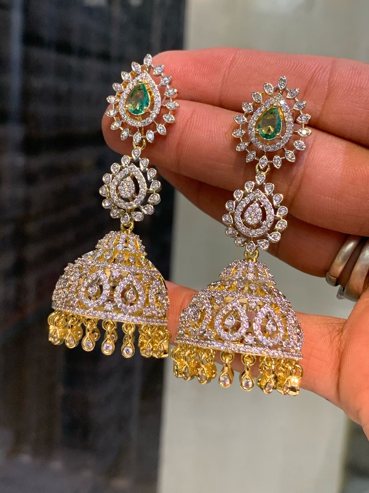 Trendy and Classy AD Stone GJ polish Jhumkas - Green