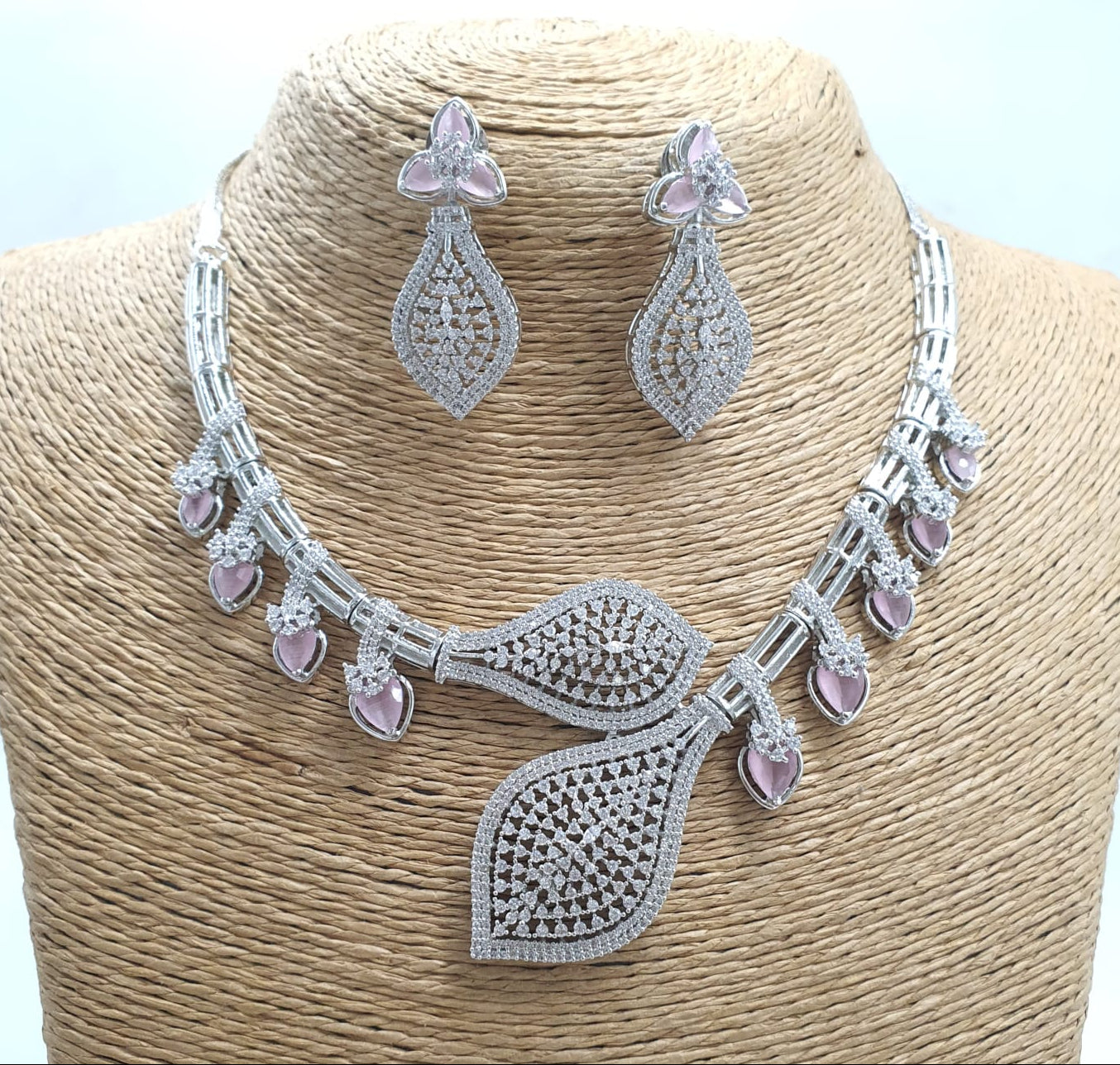 Unique CZ Stone Silver Finish Necklace With Earrings - Premium Quality