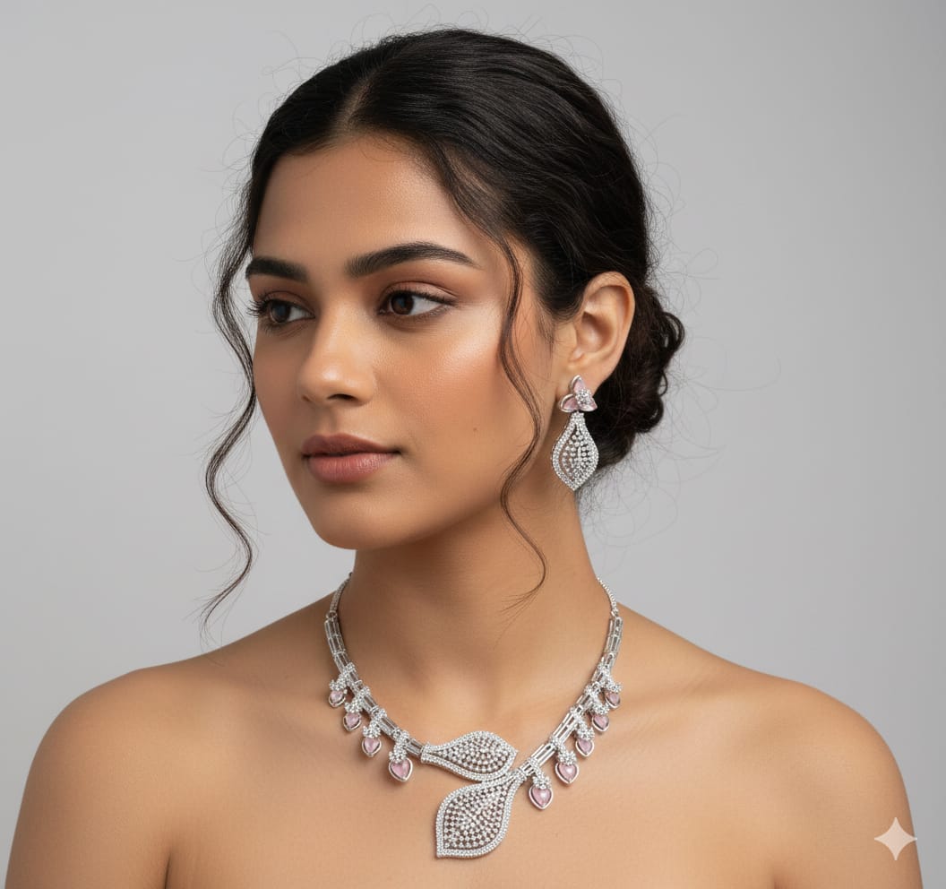 Unique CZ Stone Silver Finish Necklace With Earrings - Premium Quality