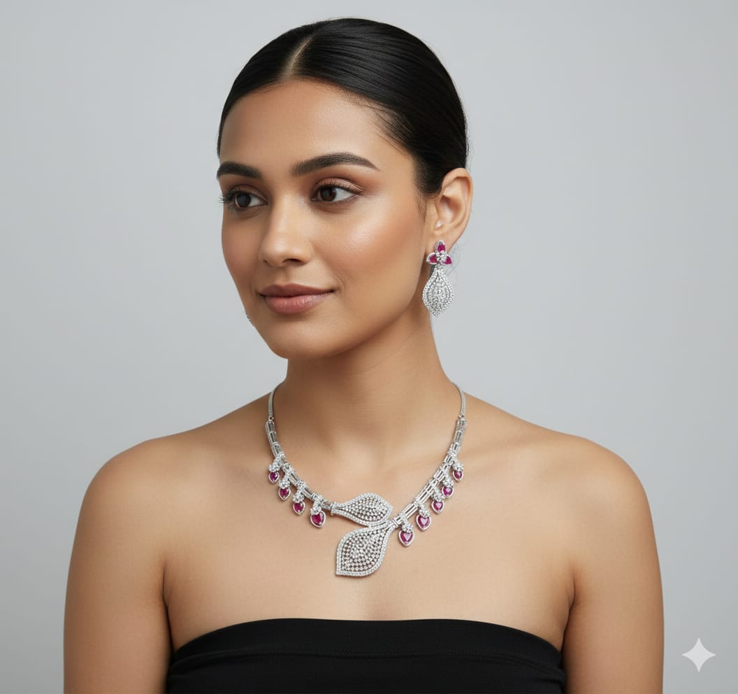 Unique CZ Stone Silver Finish Necklace With Earrings - Premium Quality