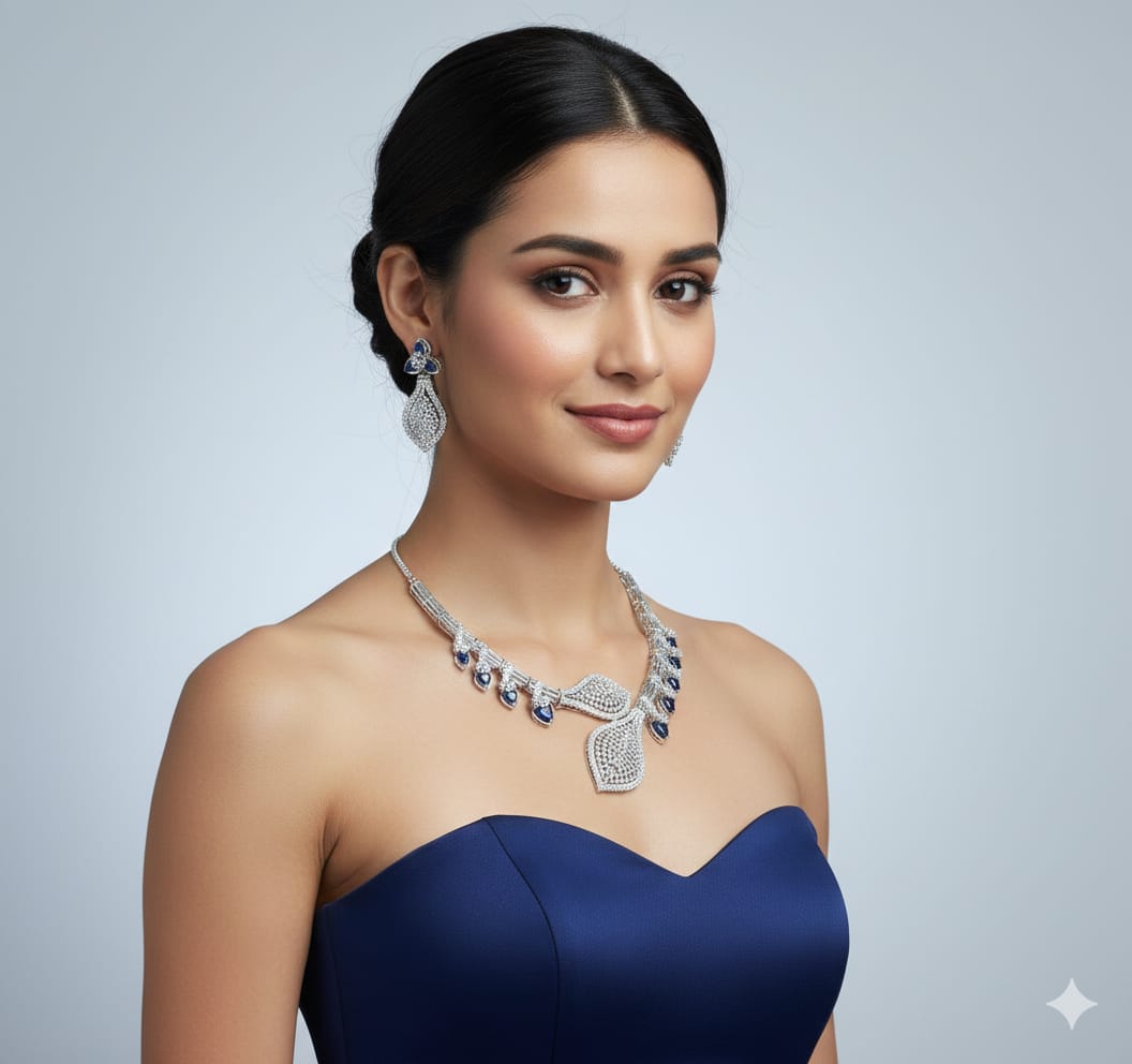 Unique CZ Stone Silver Finish Necklace With Earrings - Premium Quality