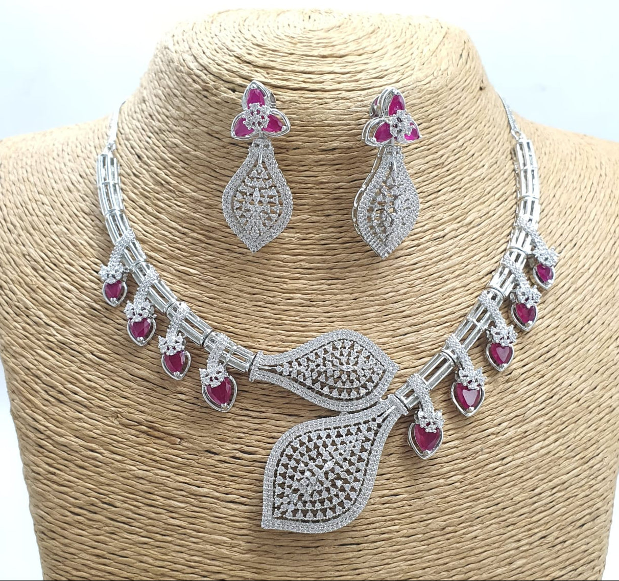 Unique CZ Stone Silver Finish Necklace With Earrings - Premium Quality