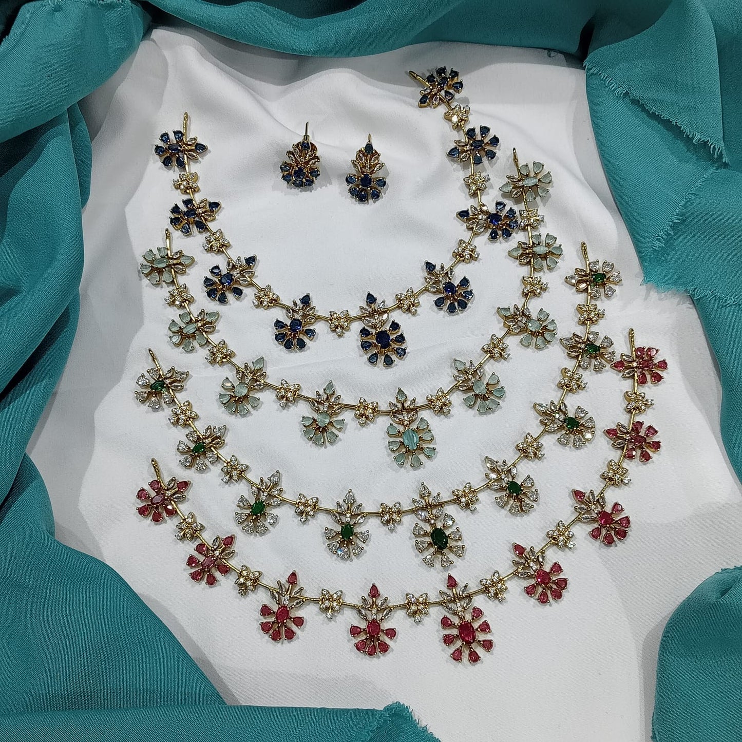 Unique Premium Finish CZ Stone Flower Necklace Set with Earrings- Red, Mint, Blue or Green
