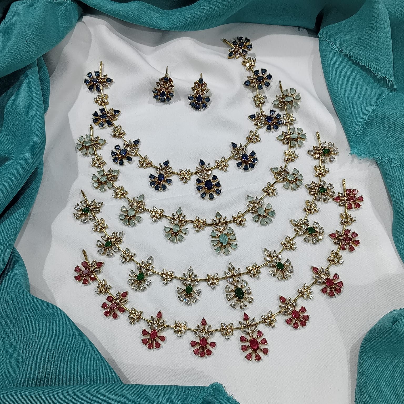 Unique Premium Finish CZ Stone Flower Necklace Set with Earrings- Red, Mint, Blue or Green