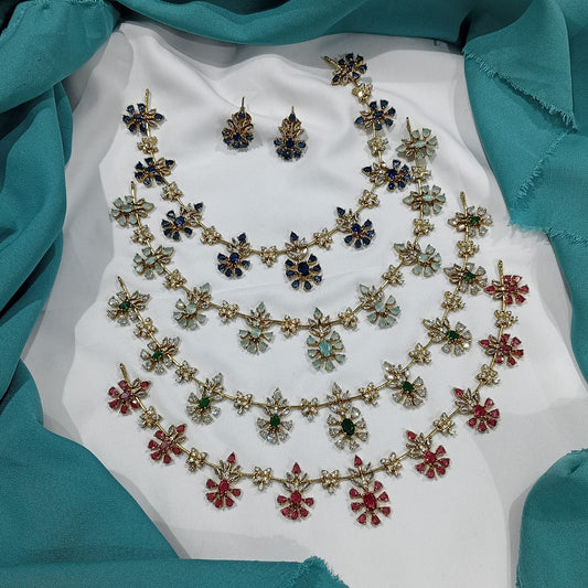 Unique Premium Finish CZ Stone Flower Necklace Set with Earrings- Red, Mint, Blue or Green