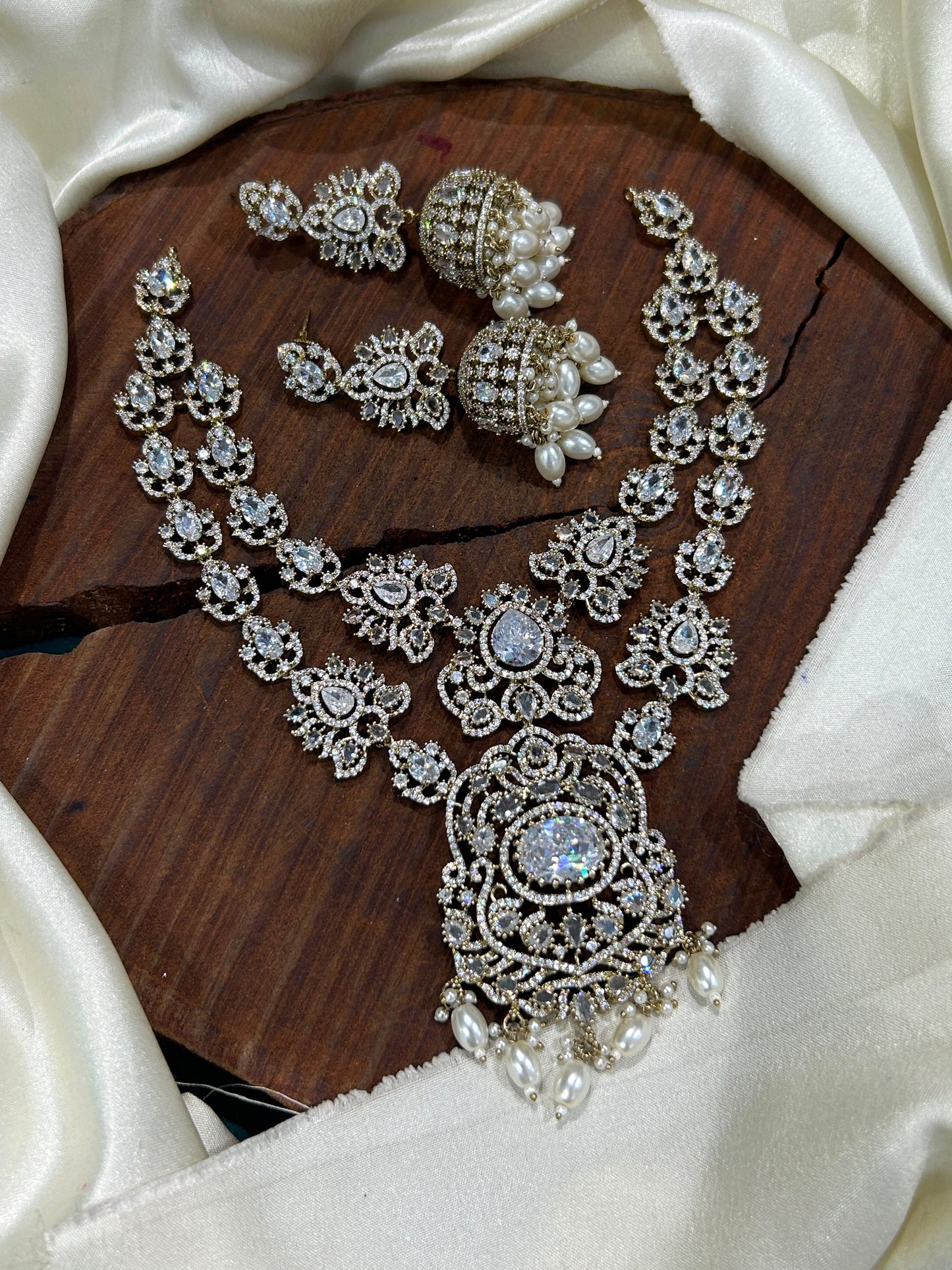 Victorian Finish Two Layered Necklace Set With Earrings - Premium Quality