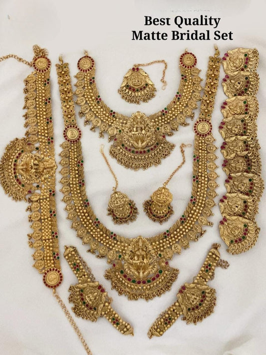 Trendy Design Temple Jewelry-Heavy Bridal Matte Necklace Combo Set with Earrings and tikka