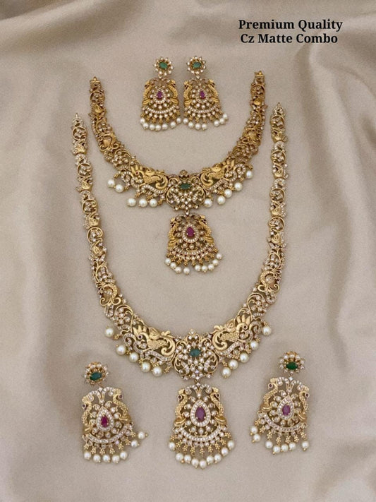 Designer Antique Matte Temple Jewelry Haram Necklace Set with Jhumkas Combo Lakshmi Design