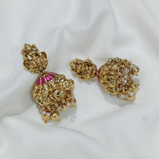 Bridal Premium Antique Matte Finish Jhumkas - Lakshmi Motif Earrings
