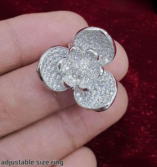 Stylish American Diamond Stone  Flower Rings Designer -Silver Finish