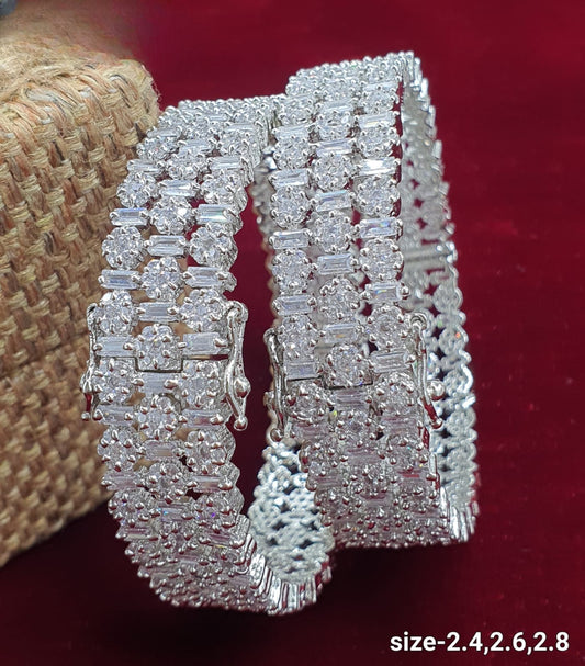 Beautiful American Diamond 3Line Stone Bangles -Set Of 2-Silver Polish