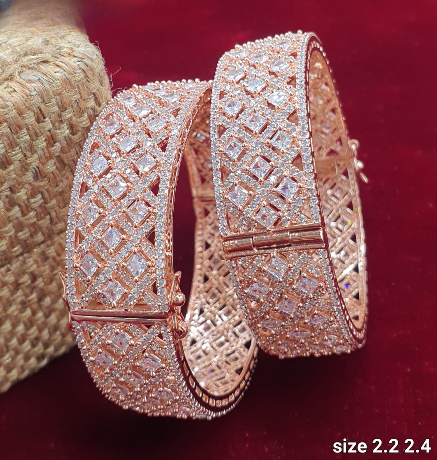 Beautiful American Diamond Bridal Rose Gold Finish Broad Bangles-Set Of 2 