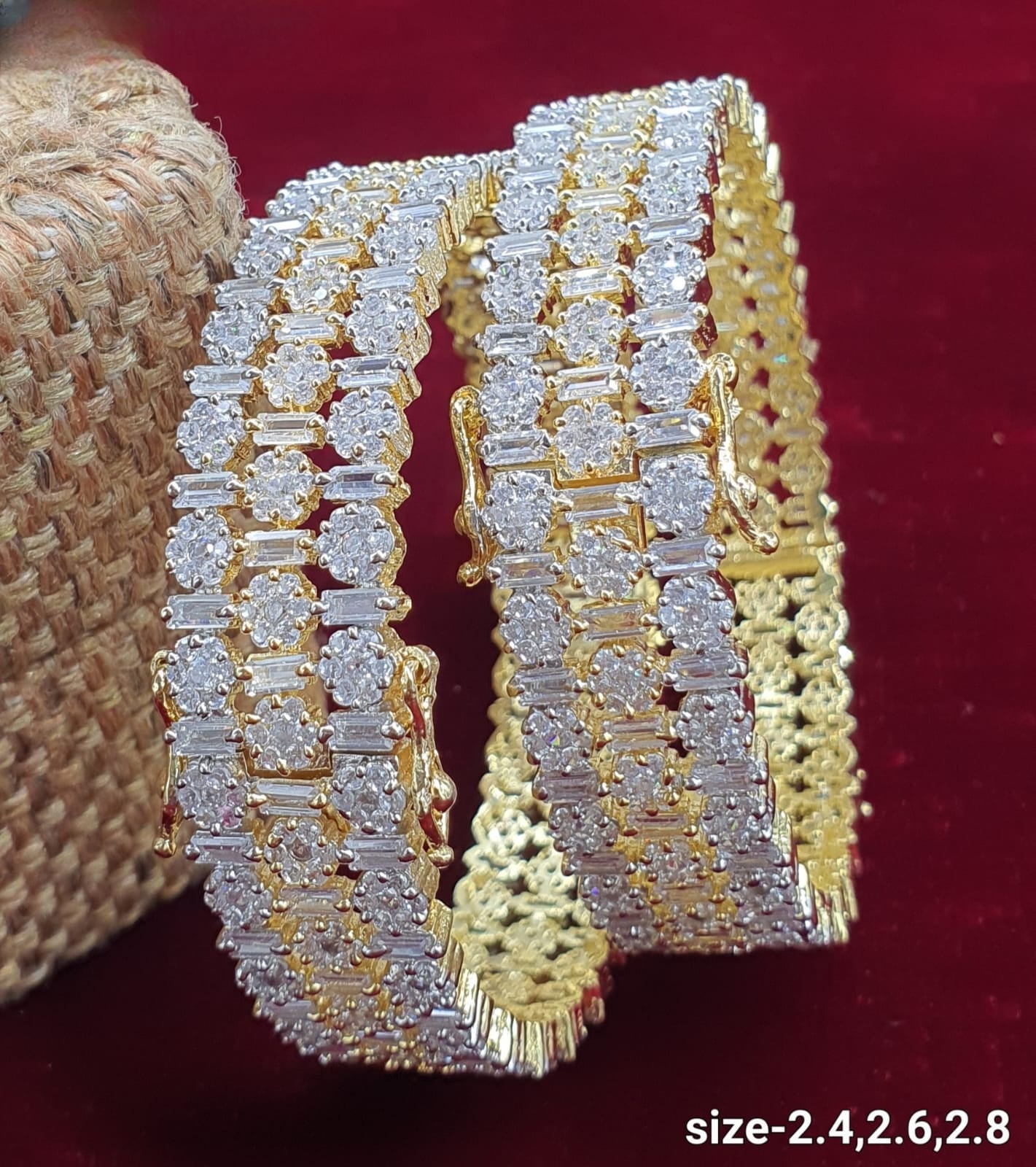 Beautiful American Diamond 3Line Stone Bangles -Set Of 2-Gold Polish