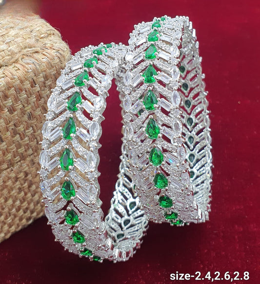 Beautiful American Diamond Broad Bangles -Green CZ stone Silver Bangles -set of 2