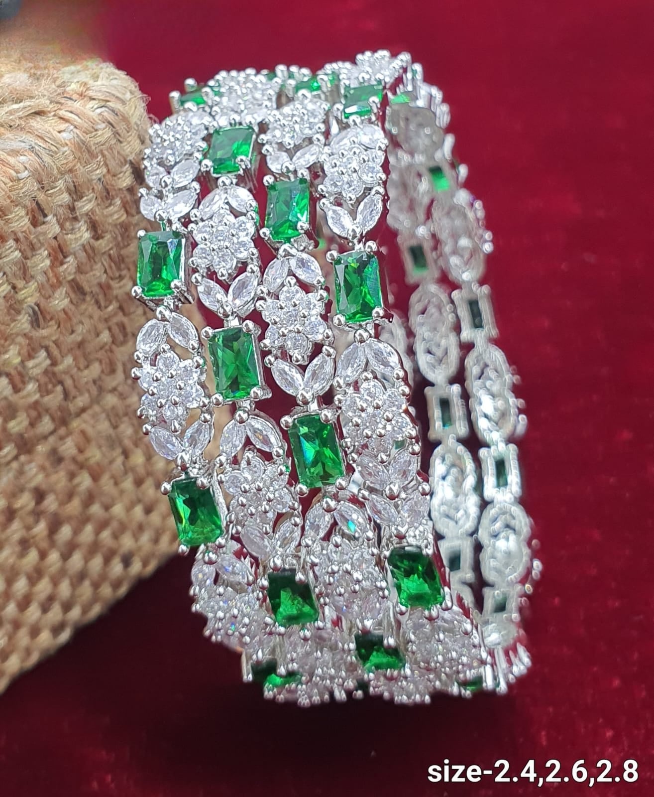 Beautiful American Diamond  Bangles -Green CZ Stone Silver Bangles -Set Of 4