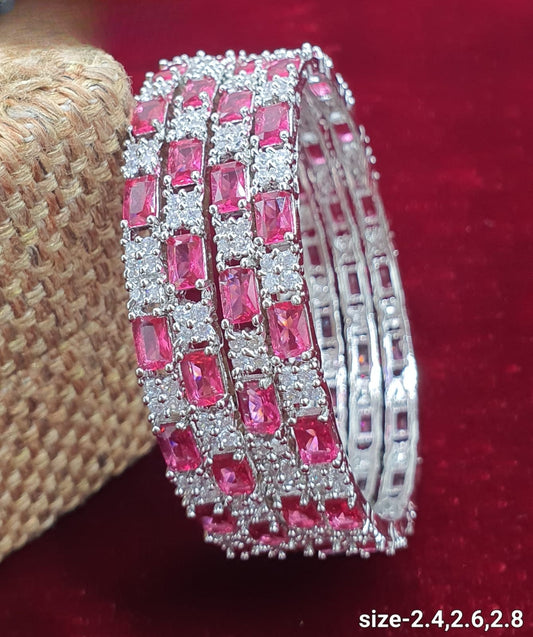 Beautiful Silver Polish Bangles - Pink Cz Bangles -set of 4