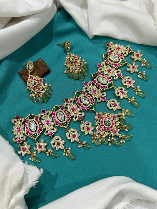 Latest  Kemp Stone Necklace Set With And Earrings - Premium Quality