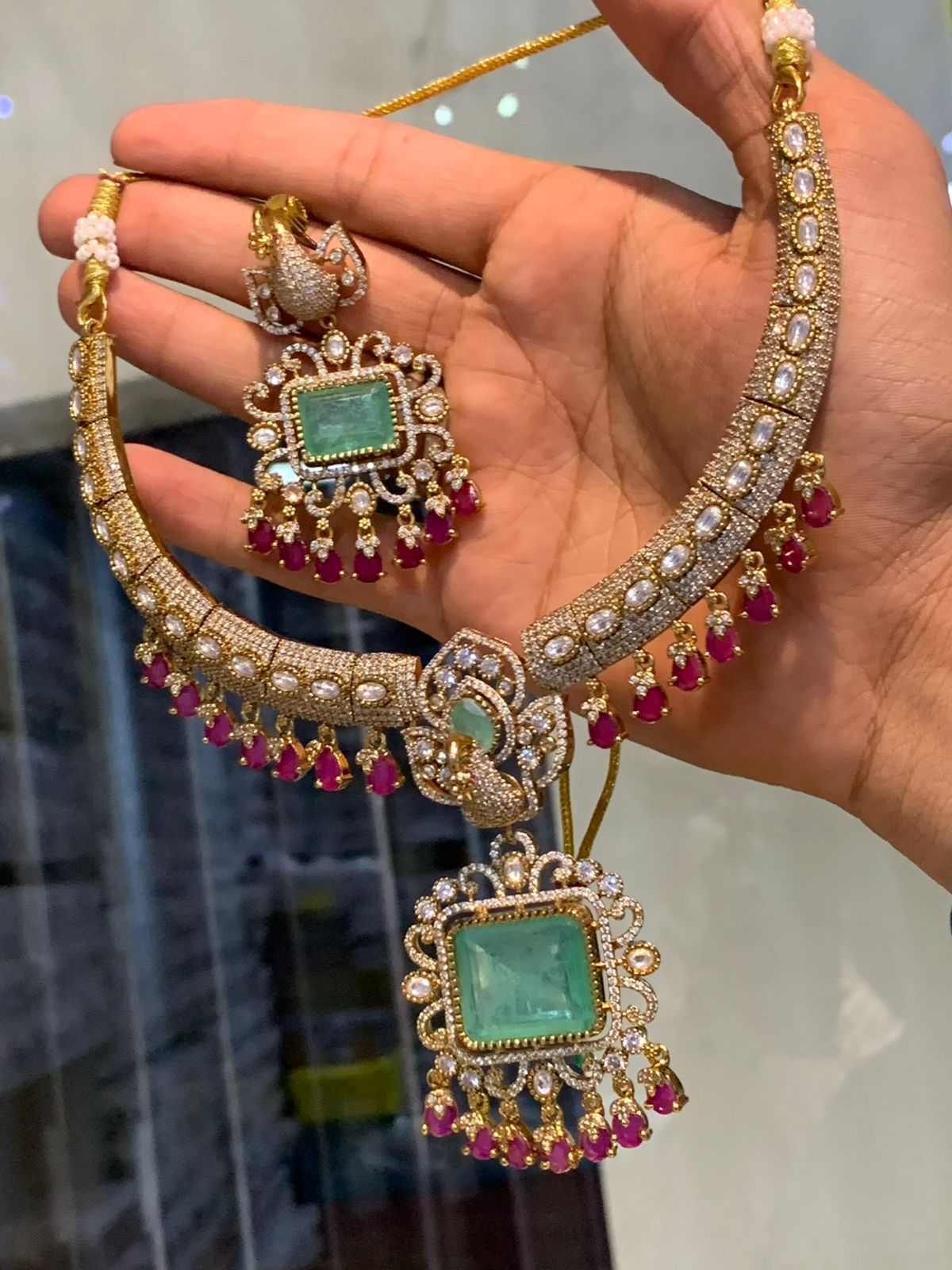 Premium Antique Mint Green Stone Bridal Pendant Kanti Necklace Set With Earrings - 1 Set