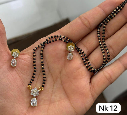 Elegant Black Beaded Mangalsutra With CZ Pendant Necklace With Matching Earrings