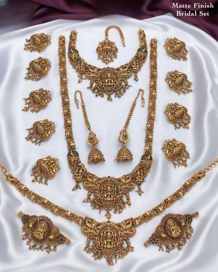 Temple Jewelry CZ Stone Bridal Set Haram Necklace Set With Earrings -Matte Finish
