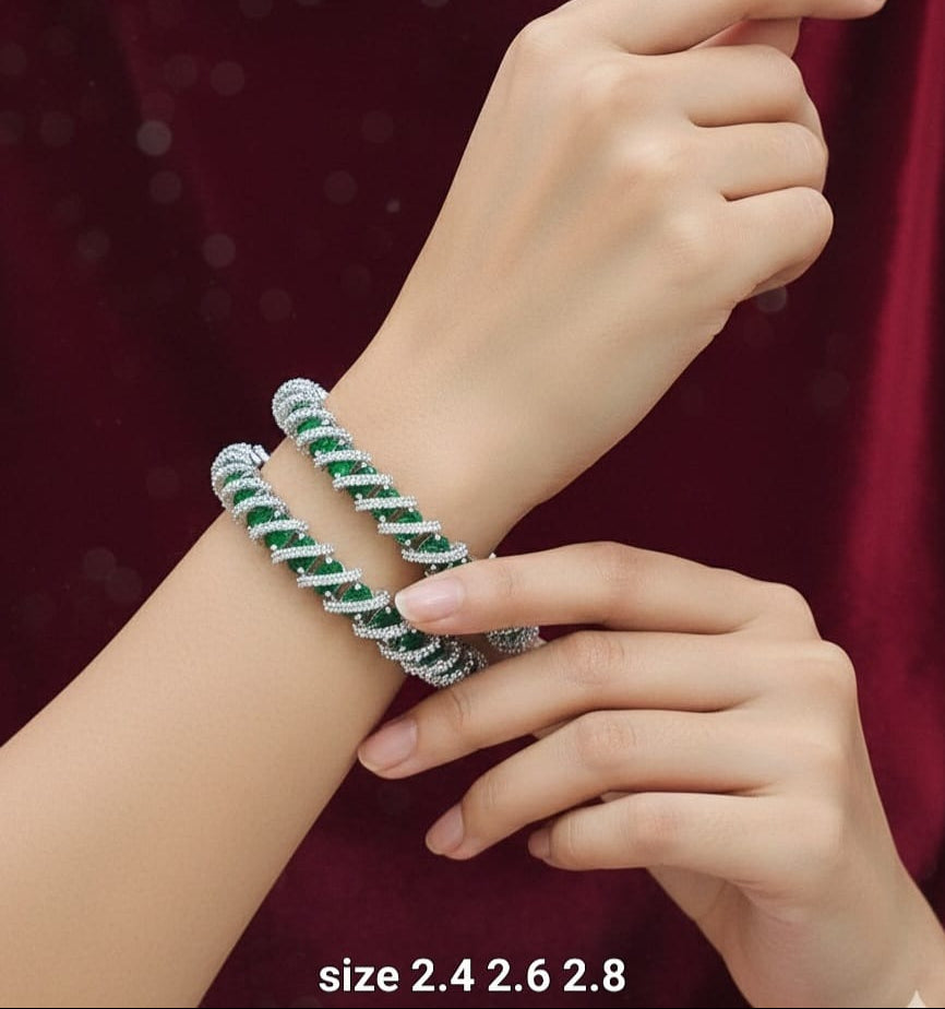 Beautiful Silver Finish American Diamond Stone Bangles -Set Of 2