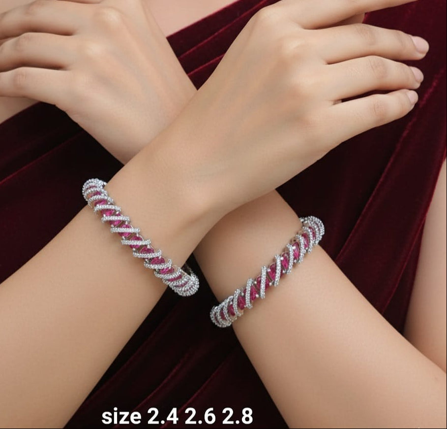 Beautiful Silver Finish American Diamond Stone Bangles -Set Of 2