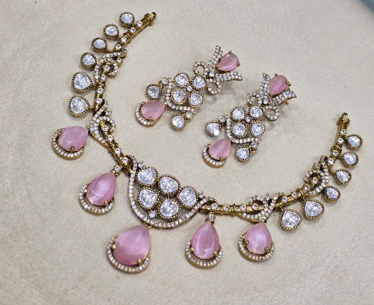 Sparkling Premium Moissanite Stone Kanti Necklace Set With  Earrings 