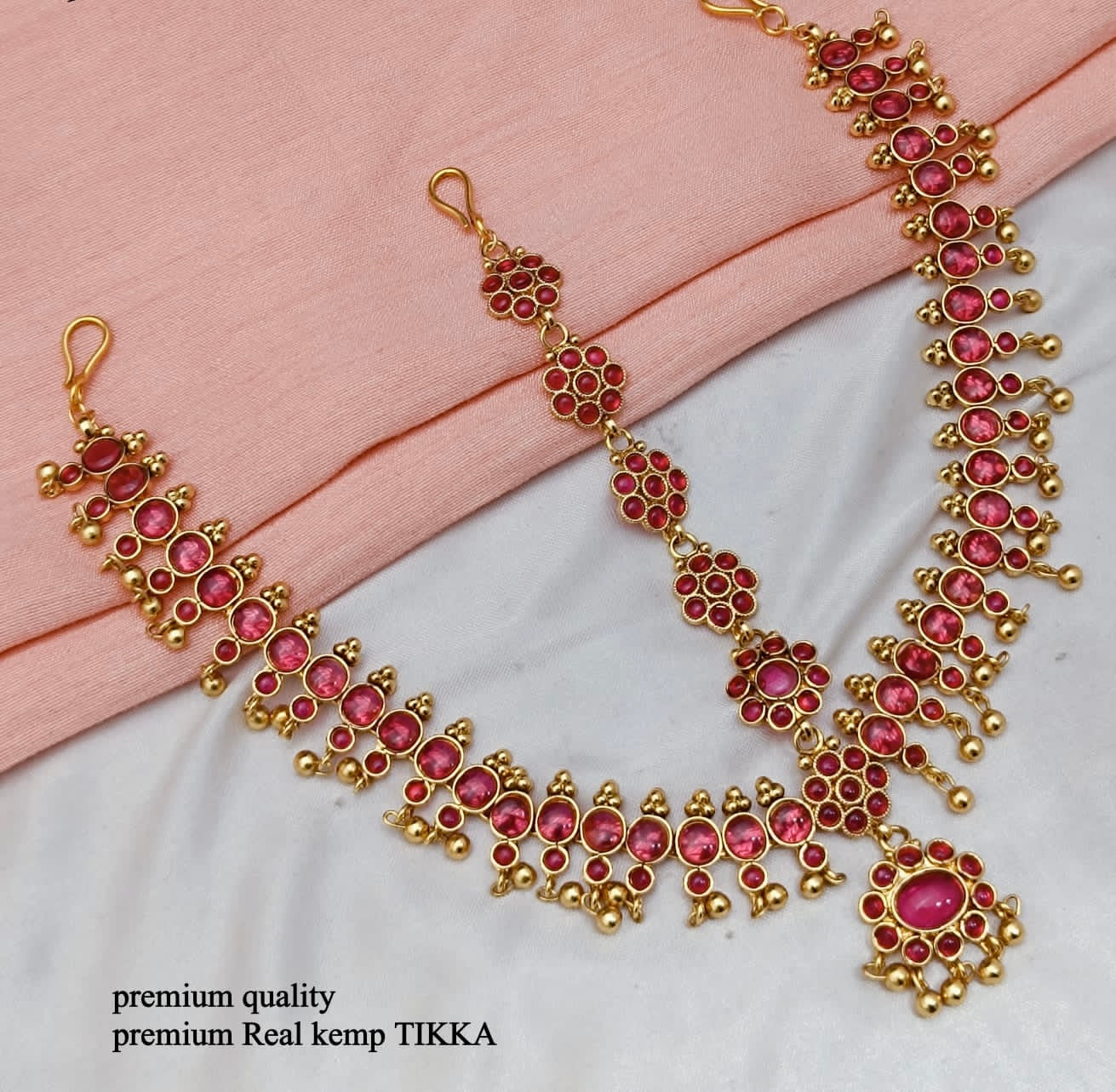 Beautiful Premium Bridal Mathpati Real Kemp Stone Tikkas - Red