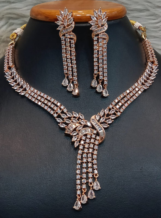 Beautiful American Diamond Necklace Set with Earrings- RoseGold, Gold and Silver Polish
