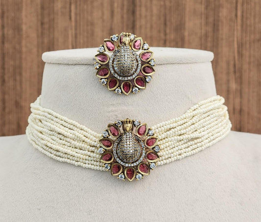 Unique Victorian Pink Peacock Choker Necklace with Stud Earrings