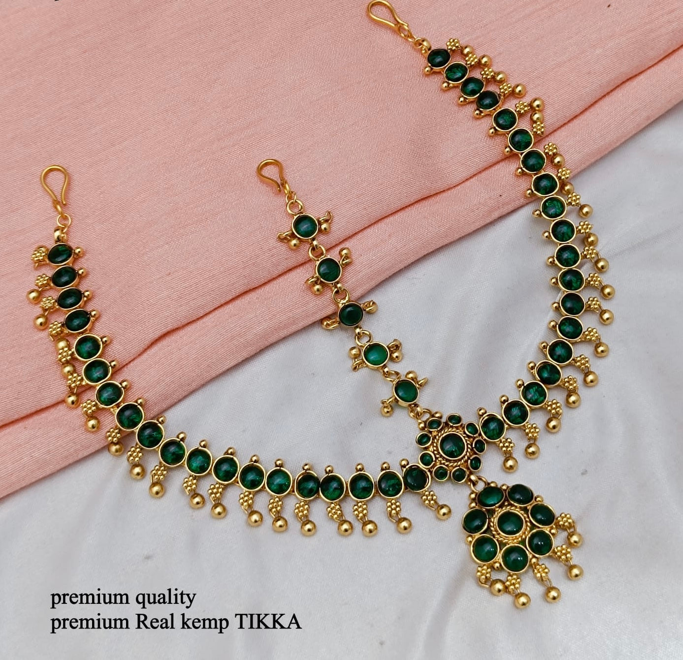 Beautiful Premium Bridal Mathpati Real Kemp Stone Tikkas - Green