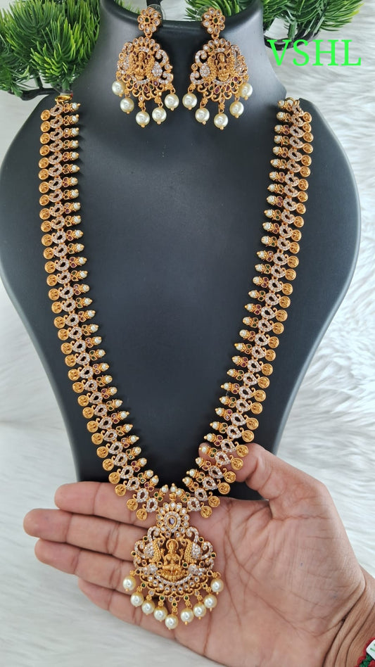 Designer Temple Jewelry Matte Gold Finish Haram Necklace Set with Earrings - Lakshmi Design