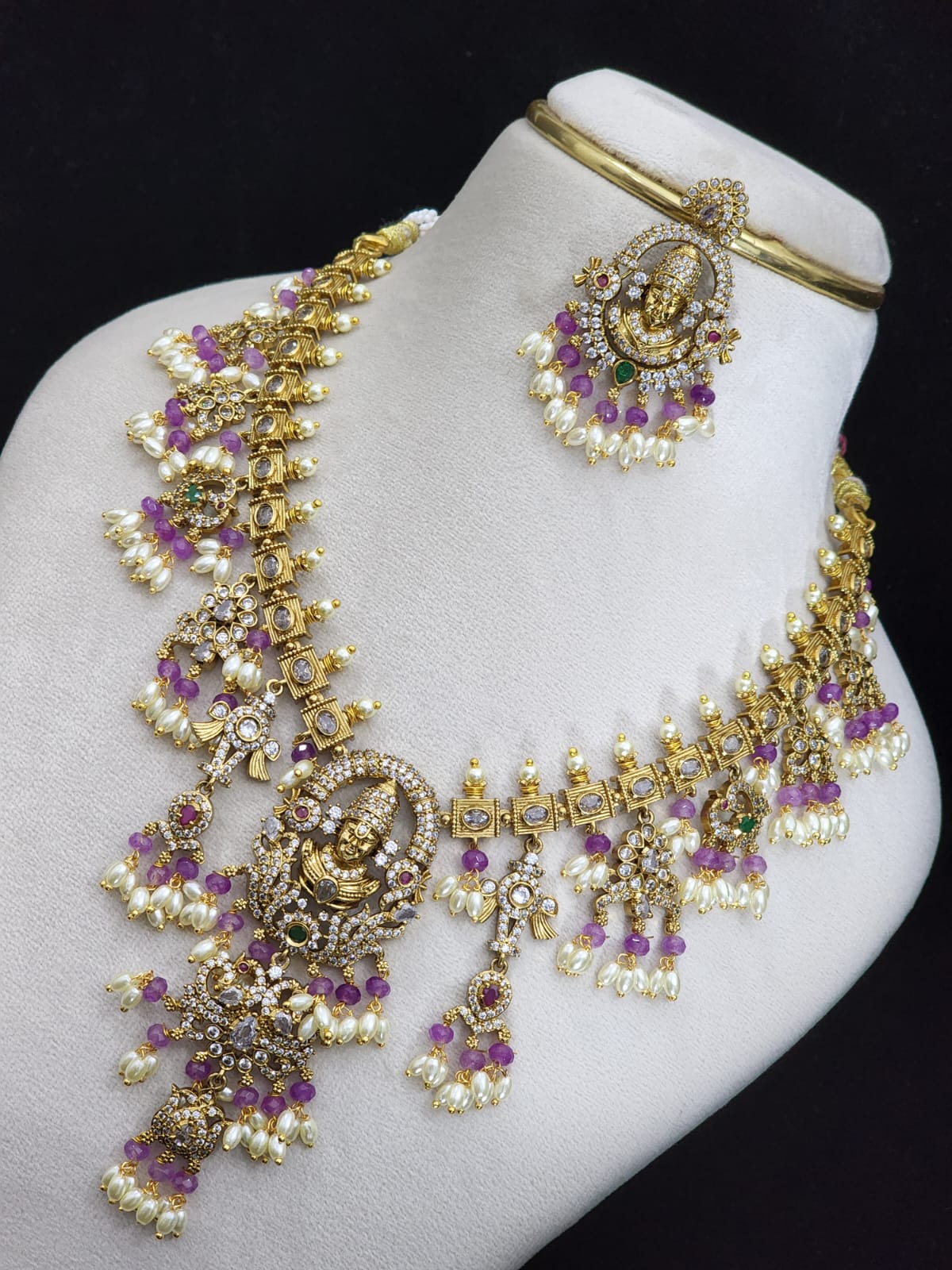 All New Balaji Antique Finish Temple Jewelry Guttapusalu Necklace Set with Earrings-Purple