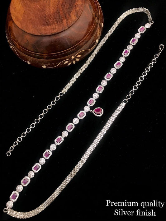 Fashionable Stone Jewelry American Diamond Hipchain- Silver Polish -Pink