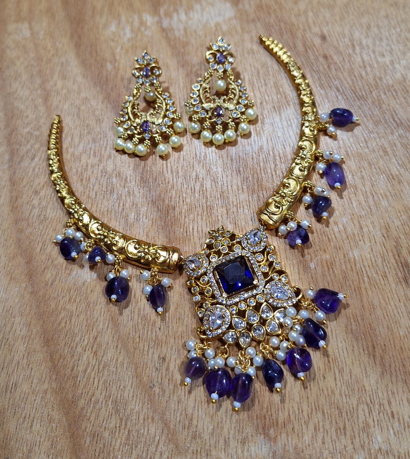 Latest Premium Matte Cz stone Pendant Necklace Set with Kanti