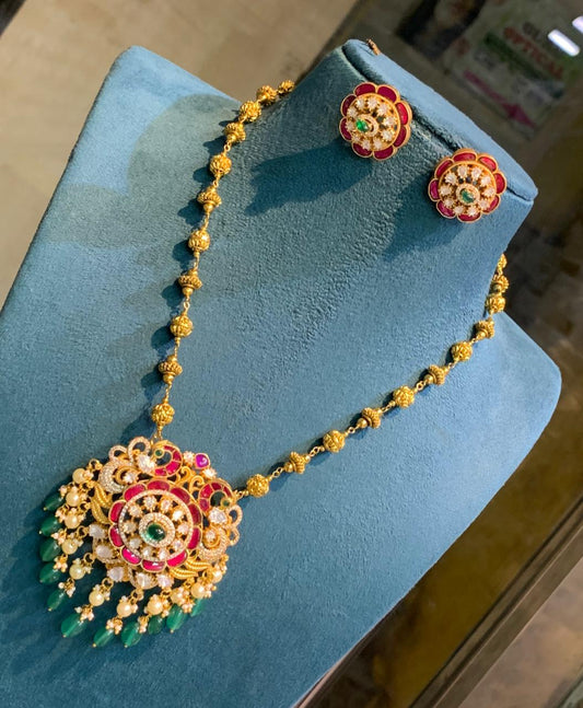 Latest Antique Matte Beads Jadau Kundan Pendant Necklace Set with Beautiful studs