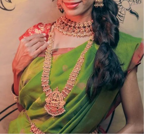 Trendy Beaded Matte Temple Jewelry Medium Lakshmi Haram Necklace Set with Jhumkas