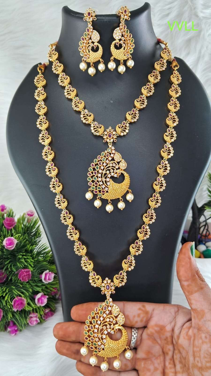 Designer Stone Jewelry Long and Short Peacock Necklace Combo Set with Jhumkas