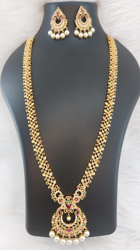 Classic American Diamond Stone Jewelry Haram Long Necklace Set with Chandbali Earrings
