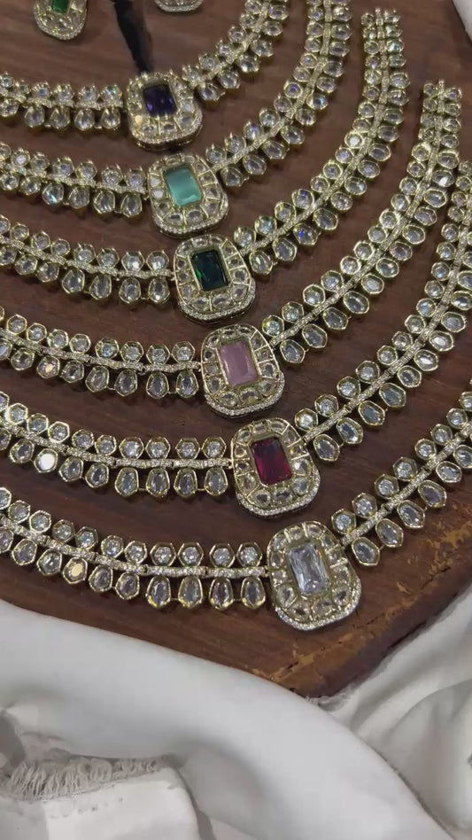 Elegant Premium Bridal Polki AD Stone Necklace Set With Earrings - 1 Piece