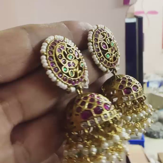 Traditional Antique Kundan Jhumka Earrings With Pearl Drops - Multicolor