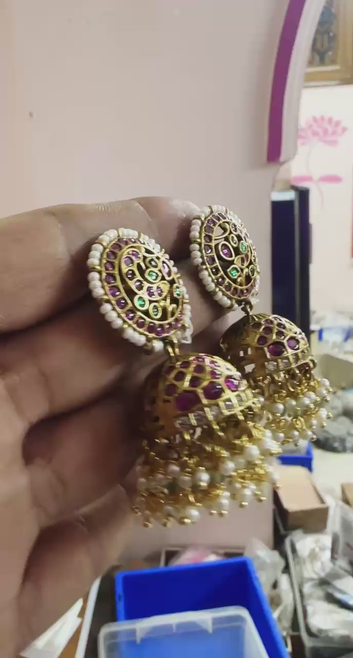 Traditional Antique Kundan Jhumka Earrings With Pearl Drops - Multicolor